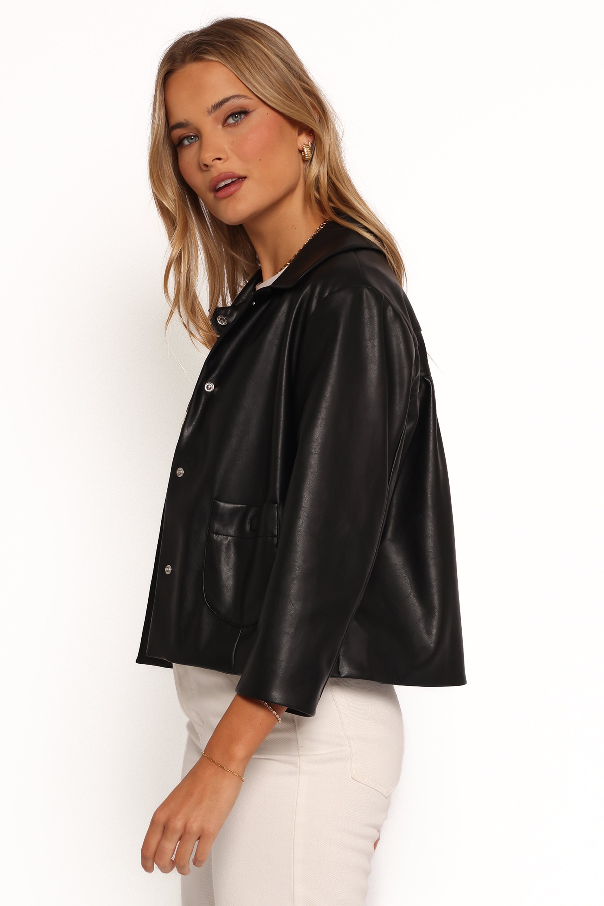 Evora Faux Leather Button Front Jacket - Black