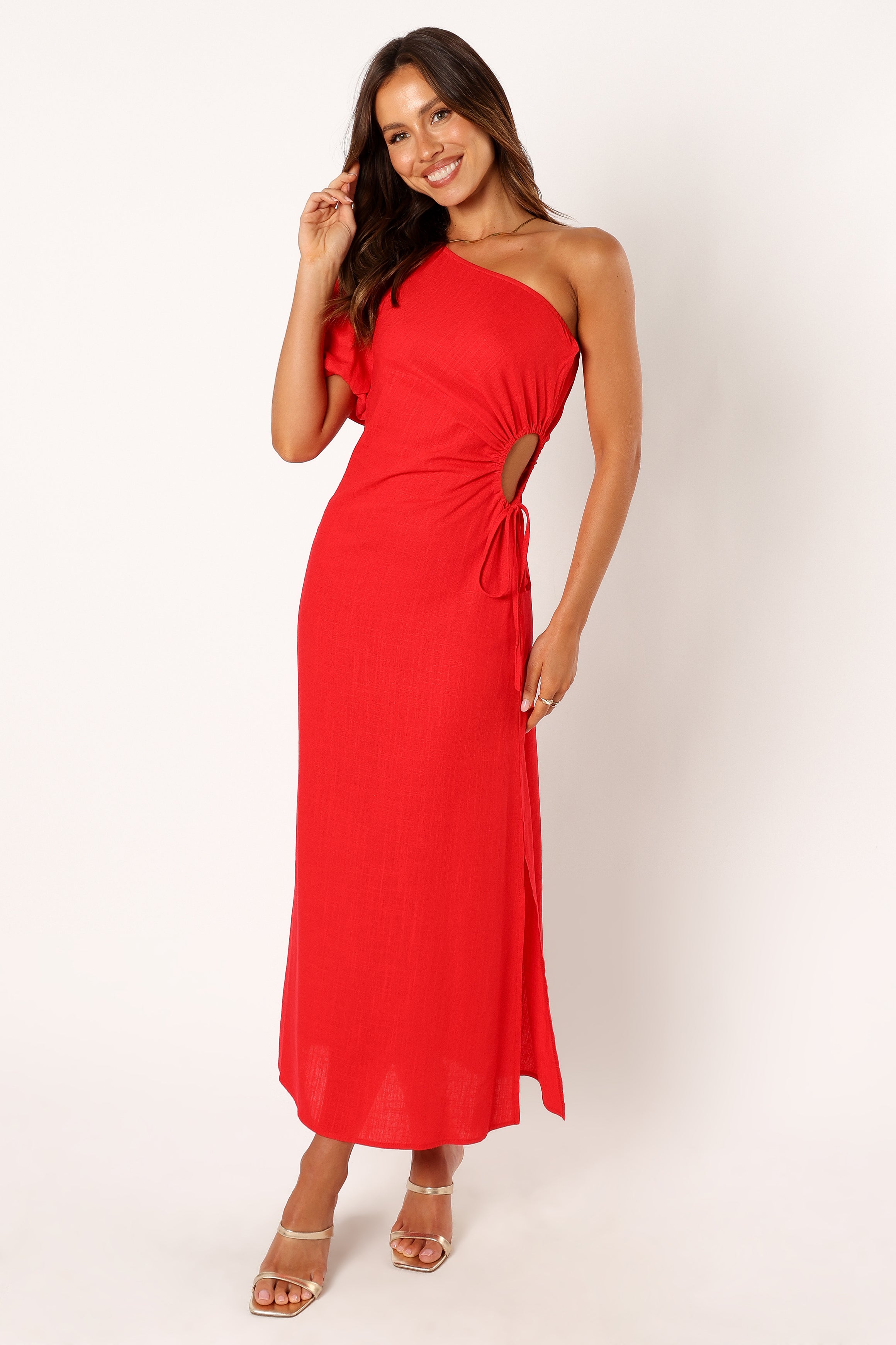 Kimmie One Shoulder Cut Out Midi Dress - Red