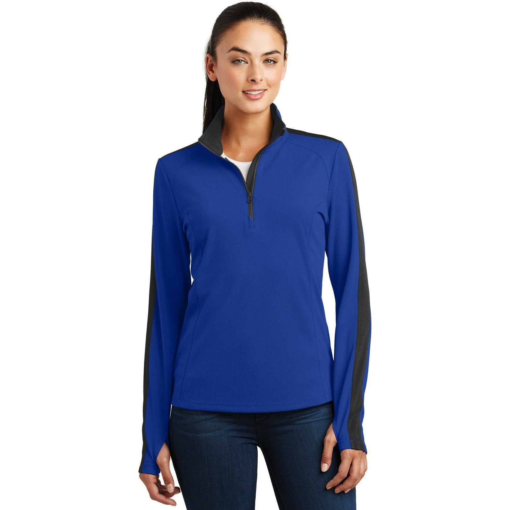 CLOSEOUT - Sport-Tek Ladies Sport-Wick Textured Colorblock 1/4-Zip Pullover